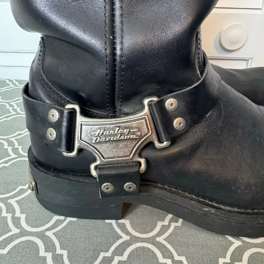 Harley-Davidson Harness Motorcycle Boots Black Leather Mens Size 10 Biker Logo